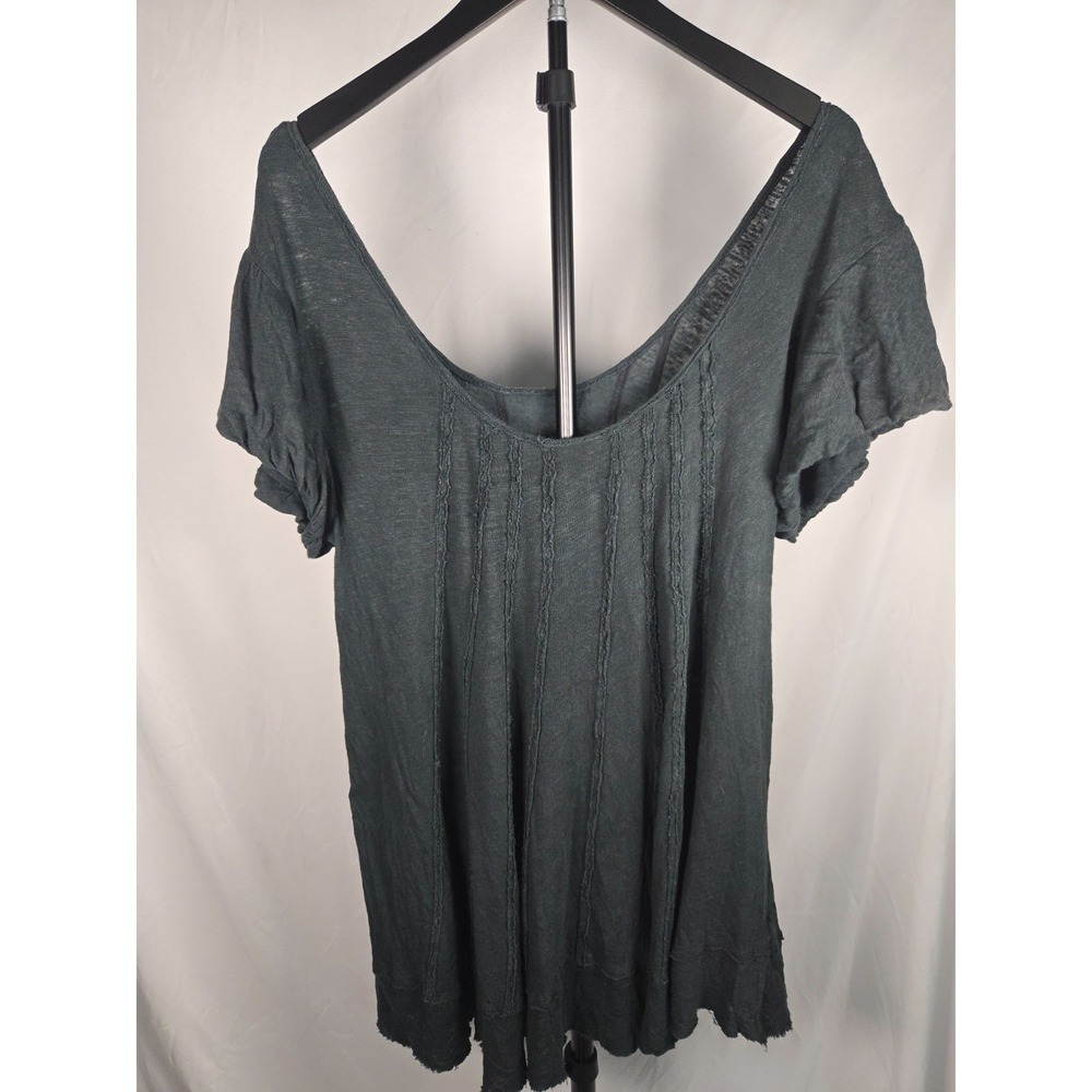 We The Free Dark Green Linen Cotton Swing Top Size XL Boho Raw Hem Ruffle Tunic